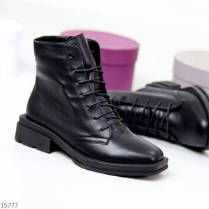 Стильні чорні жіночі шкіряні зимові черевики натуральна шкіра низький каблук