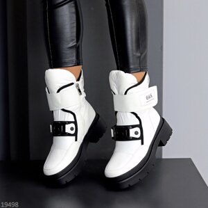 Зимові високі білі жіночі черевики дутики на липучці трендова модель