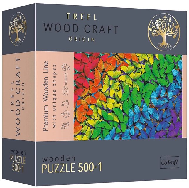 Пазли фігурні з дерева Trefl Wood craft Веселкові метелики. Rainbow Butterflies (500+1 елм.) 20159 (Trefl) від компанії Книгарня БУККАФЕ - фото 1