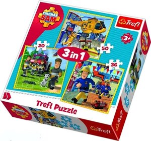 Пазли 3 в 1 Пожежник Сем у дії. Prism A&D Fireman Sam (20,36,50 ел.) 34844 (Trefl)