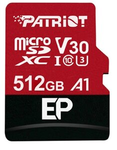 Карта памяти microSDXC (UHS-1 U3) Patriot EP Series 512Gb class 10 V30 (R-100MB/s, W-80MB/s) (adapter SD)