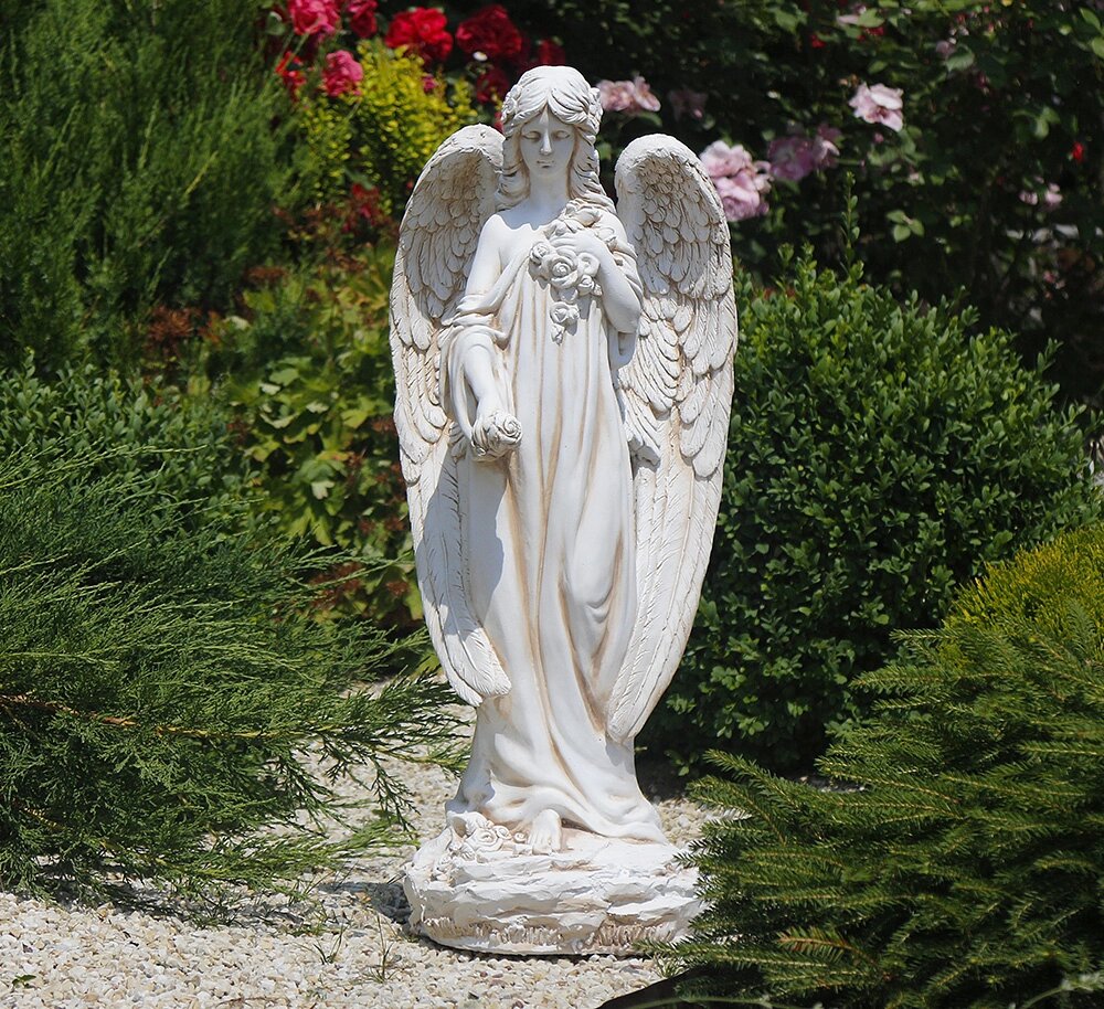 Садова фігура Ангел з трояндою 76х31х28 см Гранд Презент ССП12008 Крем - фото