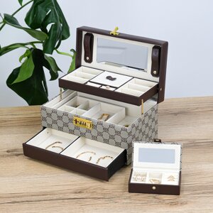 Шкатулка для прикрас велика трьохшарова з дзеркалом, поліуретанова шкіра з принтом гуччі, з дорожньою скринькою