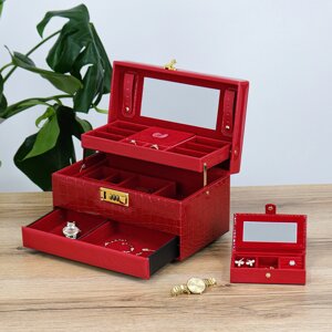 Шкатулка для прикрас велика трьохшарова з дзеркалом, поліуретанова шкіра з принтом червона, з дорожньою скринькою