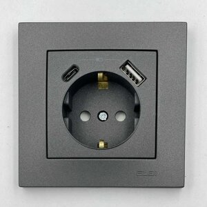 Розетка EL-BI VEGA антрацит матовий 1-на з/з + 2USB (Type C+A) 2A