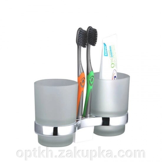 Подвійна склянка Frap F1908 з тримачем для зубних щіток, матовий хром. від компанії СПД Лініченка С Н - фото 1