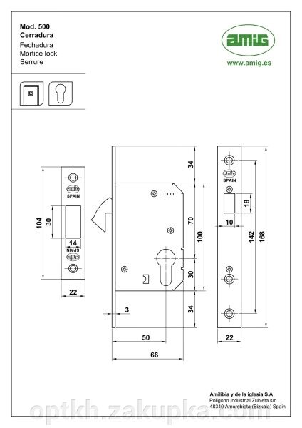 Замок для розсувних дверей під циліндр Amig MORTICE LOCK 500-50,, сатинований нікель (56930) від компанії СПД Лініченка С Н - фото 1