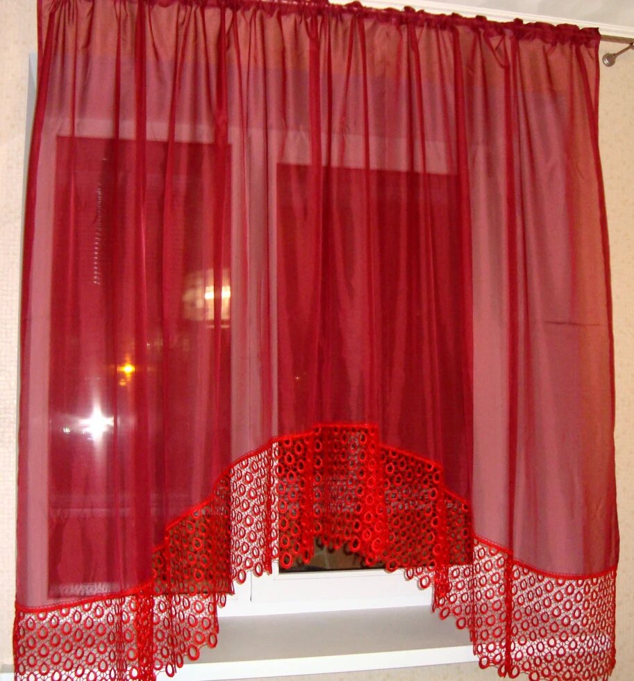 Тюль на кухню арка 3 м с кружевом "Гранат" бордовая ##от компании## Салон Эксклюзивных Штор "Ирина" - ##фото## 1