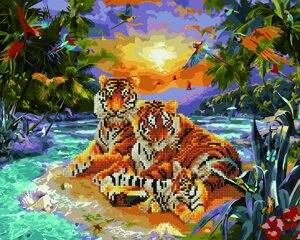 Алмазна мозаїка + картина за номерам 40*50 Сім'я тигрів BrushMe