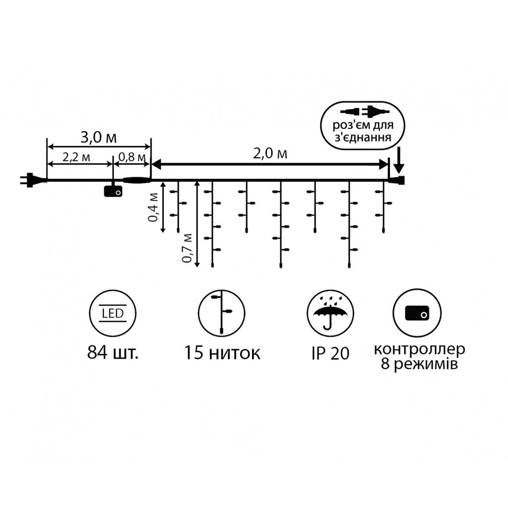 Електрогірлянда бахрома 84 LED, холодний білий, 2,1*0,7 м, 8 реж., коннектор Novogod'ko від компанії Канц Плюс - фото 1
