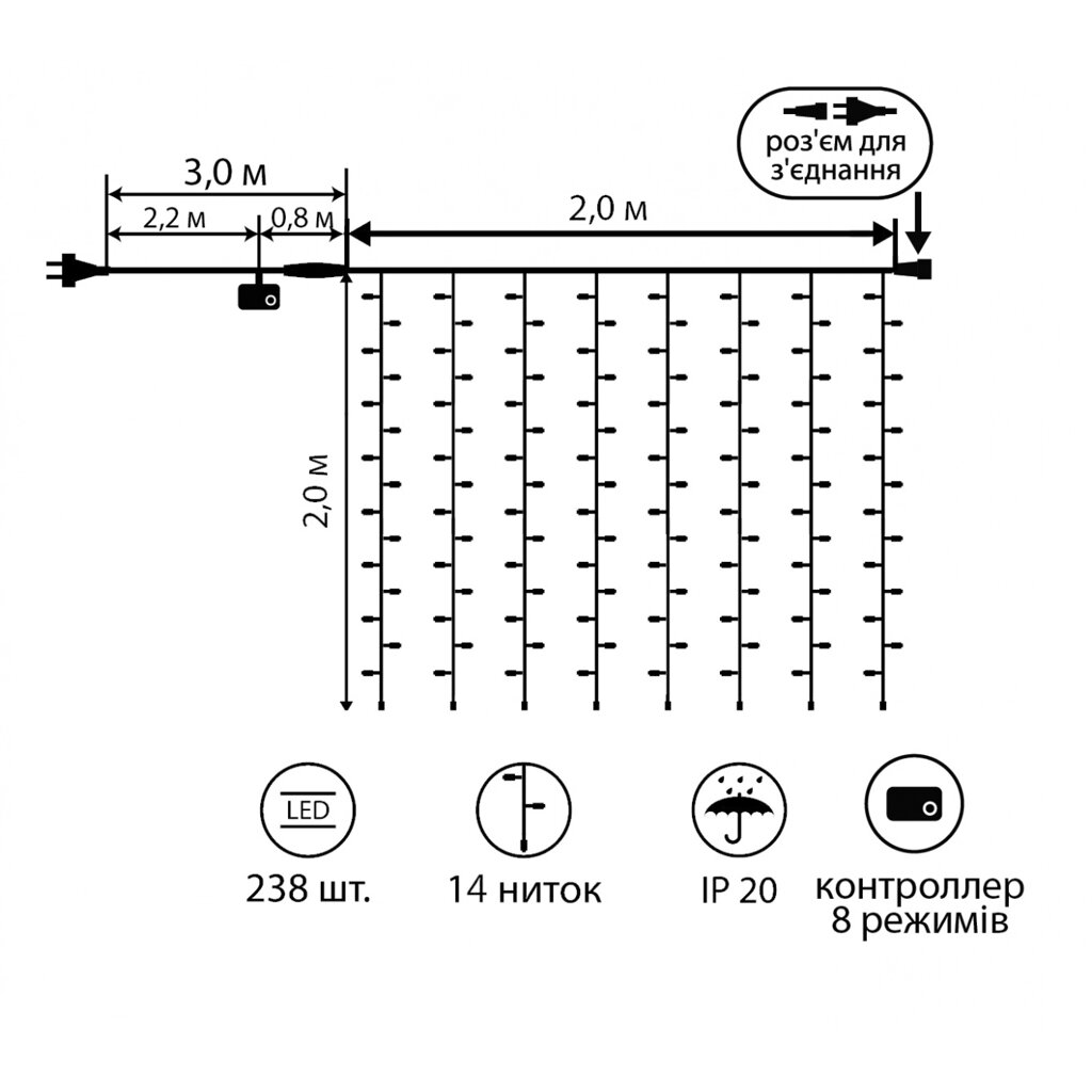 Електрогірлянда штора 238 LED, теплий білий, 2*2 м, 8 реж., коннектор Novogod'ko від компанії Канц Плюс - фото 1