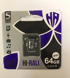 Карта пам'яті microSD 64GB class10 (з адаптером) Hi-Rali