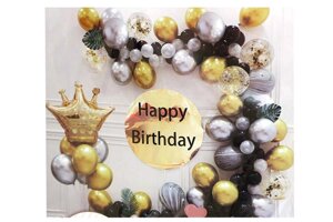 Набір декору до дня народження КОРОНА в золотих срібних чорних тонах (банер, кульки)