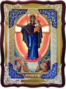 Ікона Богородиці, 80 см х 60 см (Фігурна, з емаллю) Августовська 1 (Явлення Богородиці на війні)
