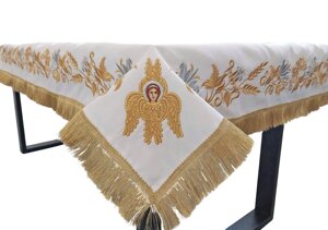 Скатертина з вишивкою на габардині № 12055 (біла, золото зі сріблом)