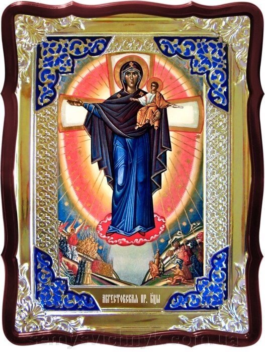 Ікона Богородиці, 80 см х 60 см (Фігурна, з емаллю) Августовська 1 (Явлення Богородиці на війні) - опис