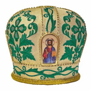 Митра № 9525 (бежева з зеленою вишивкою)