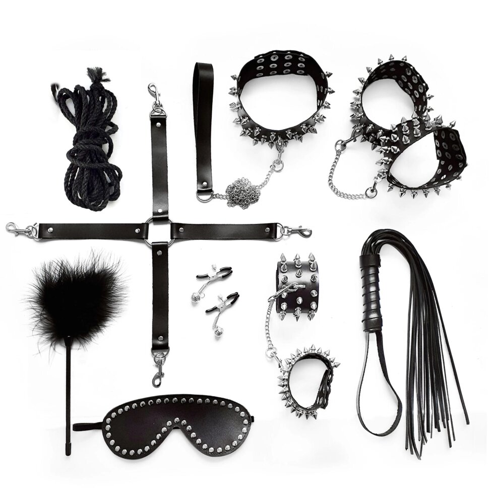 BDSM-набір Art of Sex – Spikes BDSM Set Leather, 10 предметів, чорна, натуральна шкіра від компанії poppersoff Попперс Київ Україна. Купити з доставкою - фото 1