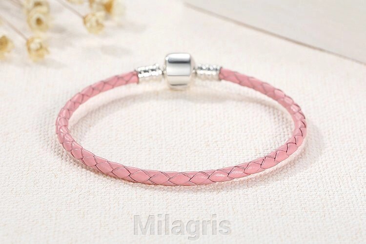 Шкіряний рожевий браслет зі срібною застібкою - Milagris