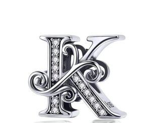 Срібна намистина - шарм на браслет Літера K “Letter K”