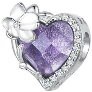 Срібна намистина - шарм на браслет Лілове серце "Purple heart"
