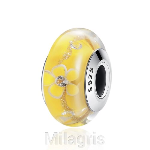 Срібна намистина - шарм на браслет Мурано Жовта квітка "Yellow flower"
