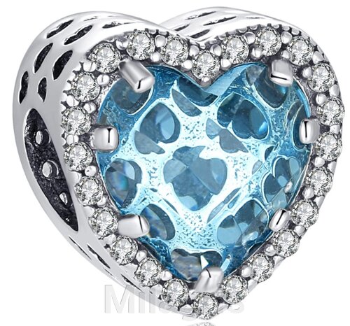 Серебряная бусина шарм в стиле Пандора (Pandora Style) Голубое Сердце "Blue Heart"