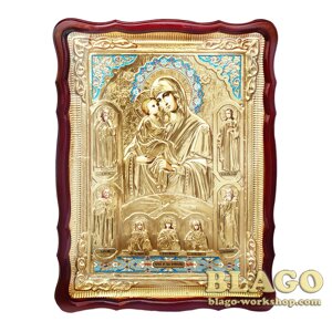Храмова ікона Почаївська ікона Божої Матері з предстоящими велика в ризі, фігурна рамка, 60х80 см