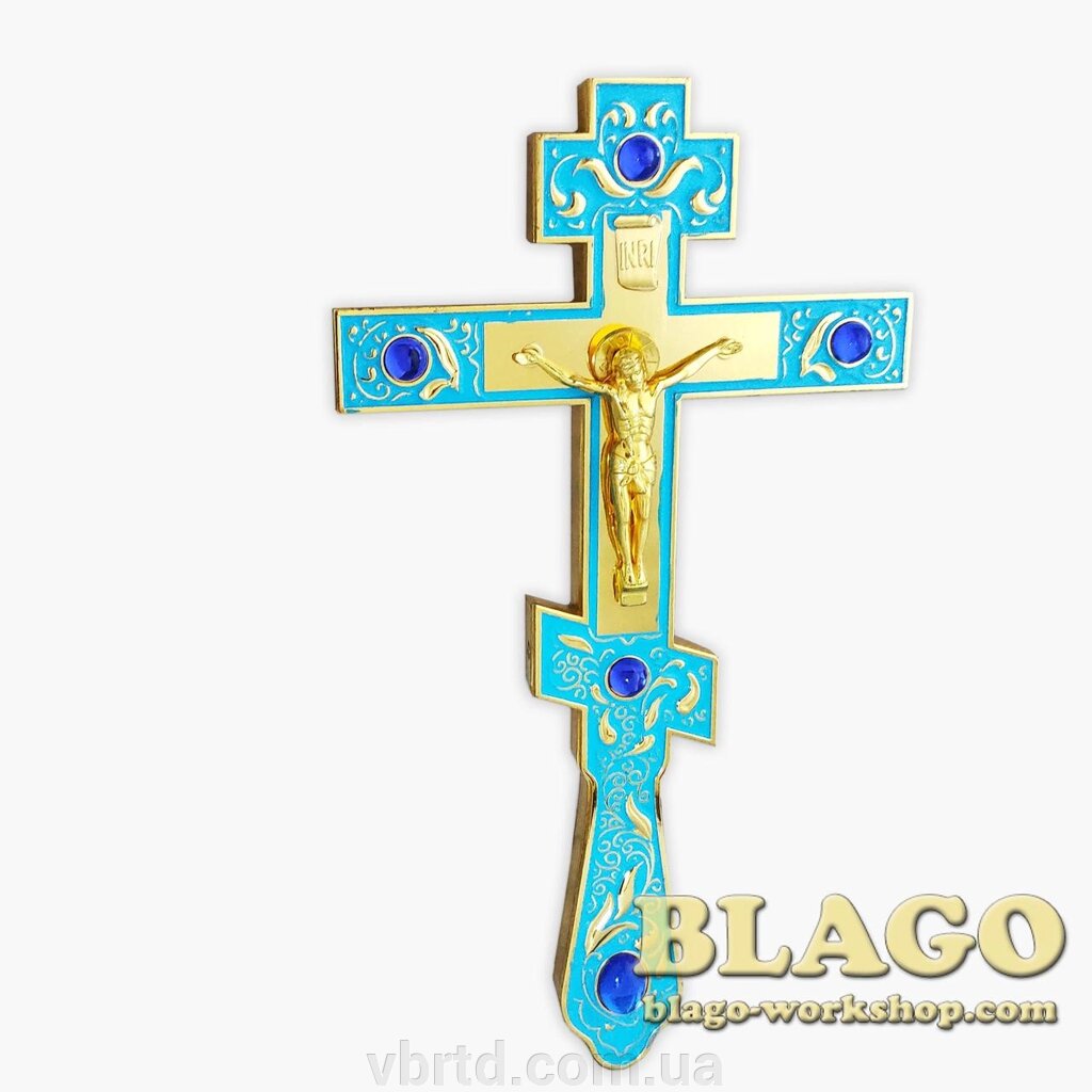 Хрест напрестольний, блакитна емаль, з інкрустацією камінням, 14х1,5х26 см від компанії ТОВ ТД Волинь Бізнес Ресурс - фото 1