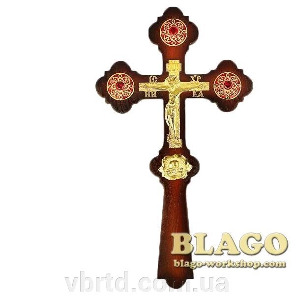 Хрест напрестольний дерев’яний з латунними позолоченими вставками та камінцями від компанії ТОВ ТД Волинь Бізнес Ресурс - фото 1