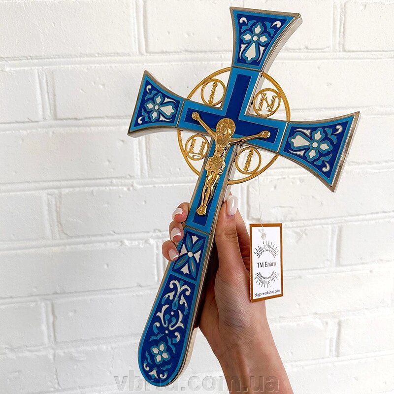 Хрест напрестольний мальтійський нікельований з блакитно-синьою емаллю, 18,5х1,2х31,5 см від компанії ТОВ ТД Волинь Бізнес Ресурс - фото 1