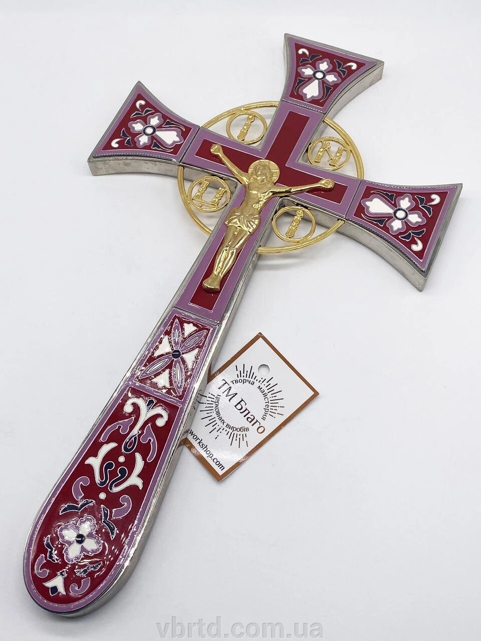 Хрест напрестольний Мальтійський позолочений, біло-бордова емаль, 18,5х32 см від компанії ТОВ ТД Волинь Бізнес Ресурс - фото 1