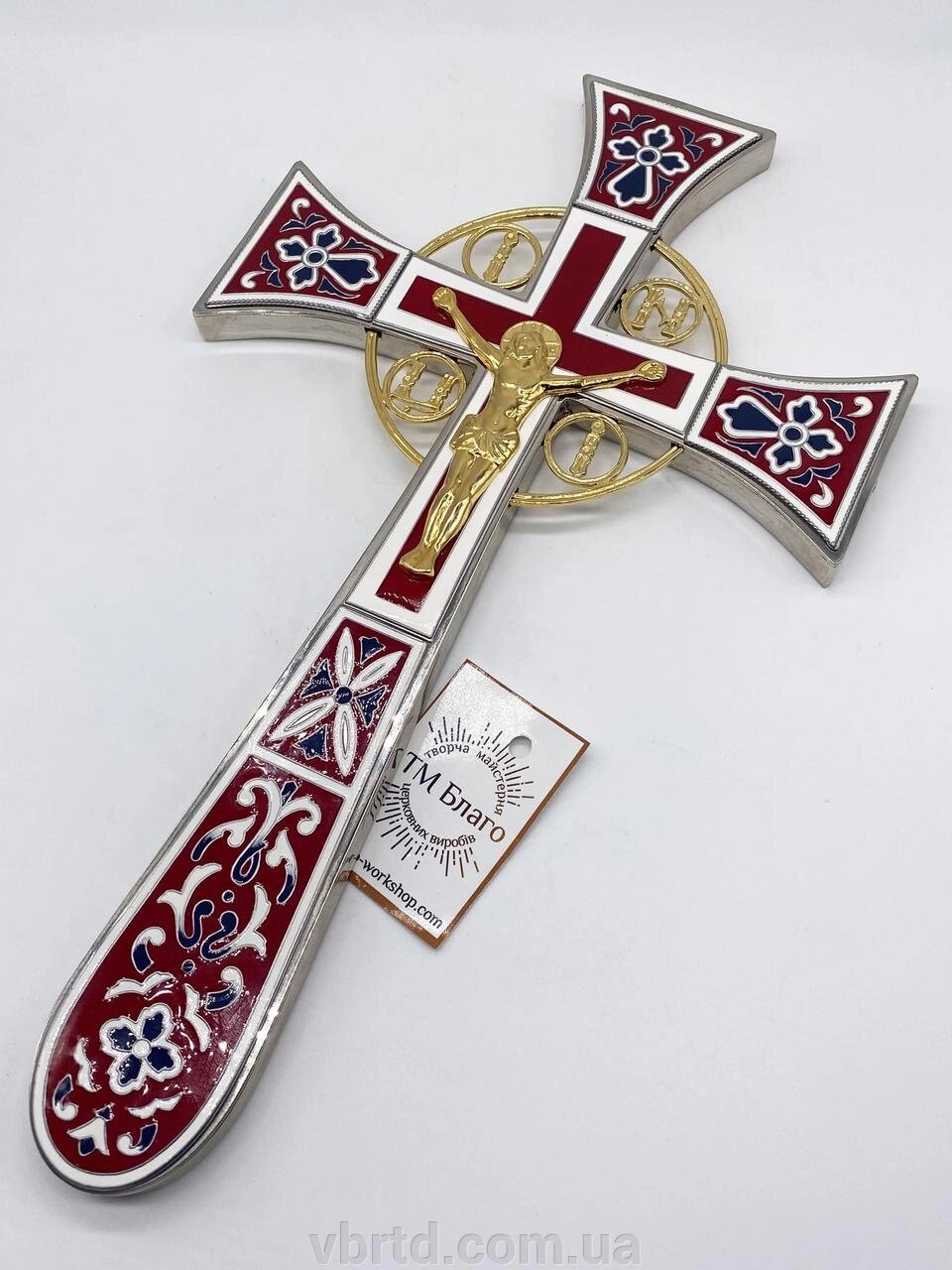 Хрест напрестольний Мальтійський позолота, біло-бордова емаль 18,5х32 см від компанії ТОВ ТД Волинь Бізнес Ресурс - фото 1