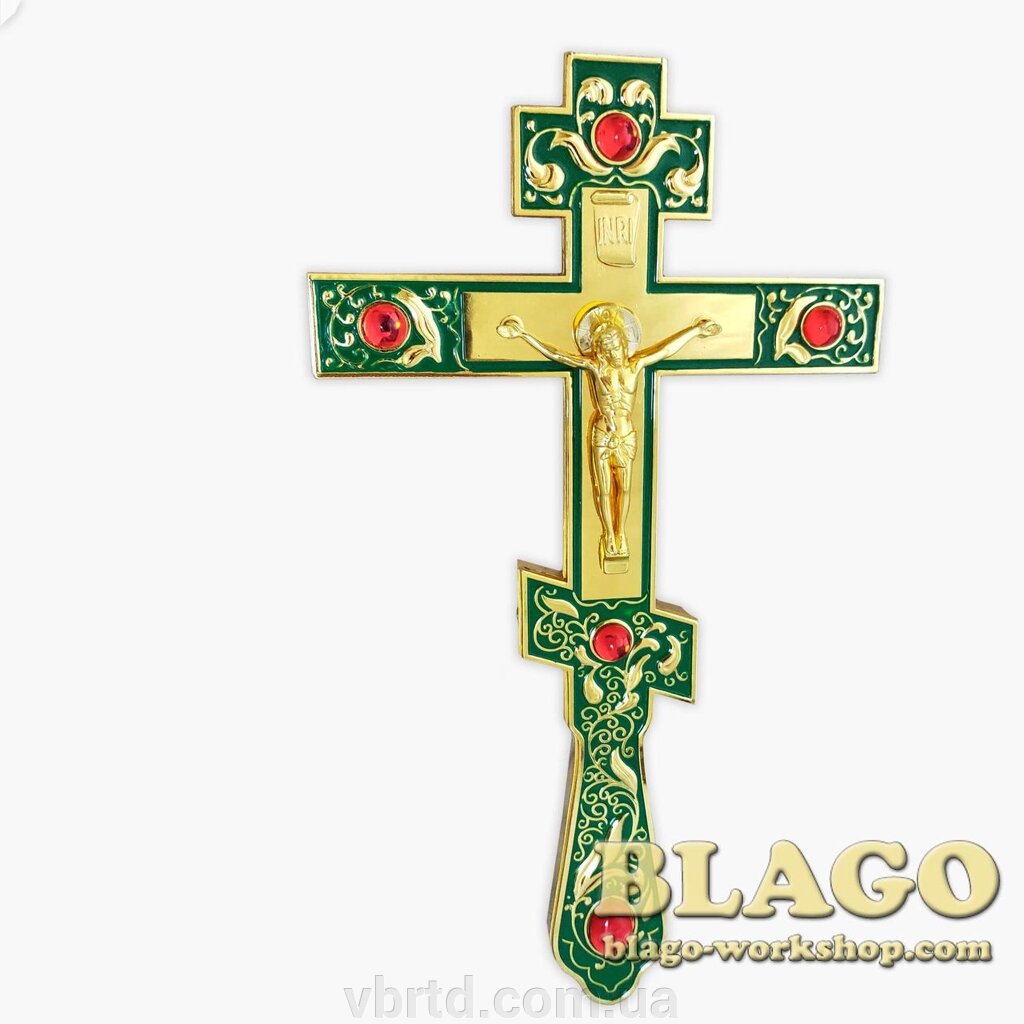 Хрест напрестольний зелена емаль, з інкрустацією камінням, 14х1,5х26 см від компанії ТОВ ТД Волинь Бізнес Ресурс - фото 1