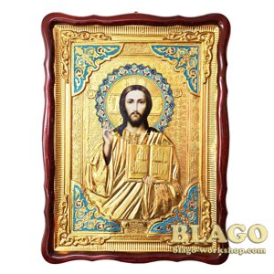 Храмова ікона Спаситель Ісус Христос велика в ризі, фігурна рамка, 60х80 см