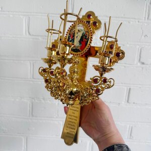 Трисвічник великодній в руку з хрестом декорований камінням, 17х14х30 см