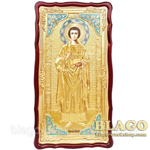 Храмовая икона Пантелеймона целителя большая в ризе, фигурная рамка, 61х112 см