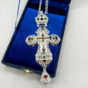 Хрест наперсний для священника сріблений з камінцями, 14,5х8,5х1,3 см