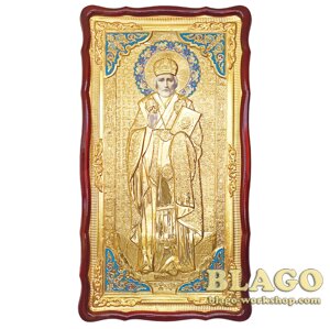 Храмова ікона Святий Миколай Чудотворець велика в ризі, фігурна рамка, 61х112 см
