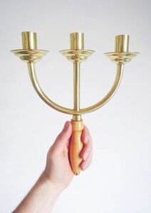 Трісвічнік водосвятній латунній з дерев'яною ручкою, Трехсвечнік водосвятний латунний, Three-candle holder, 23