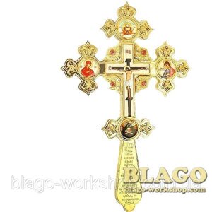 Крест латунный напрестольный в позолоте с принтами и камнями, 17х26см