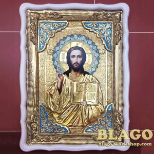 Храмова ікона Спаситель Ісус Христос в ризі велика, біла фігурна рамка, 60х80 см