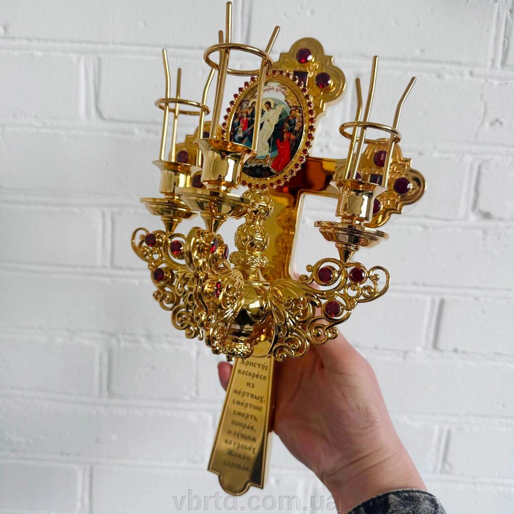 Трисвічник великодній в руку з хрестом декорований камінням, 17х14х30 см від компанії ТОВ ТД Волинь Бізнес Ресурс - фото 1