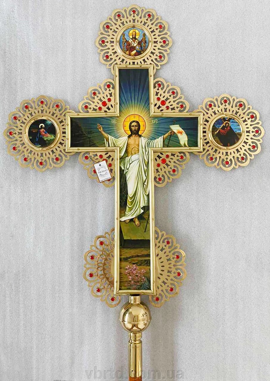 Запрестольний Хрест латунний з камінням односторонній, 79х114 см від компанії ТОВ ТД Волинь Бізнес Ресурс - фото 1