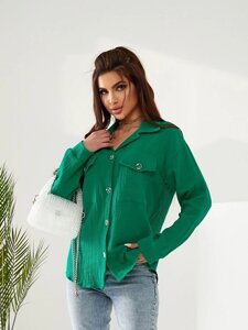 Жіноча сорочка зелена муслін з довгими рукавами з кишенями на грудях вільна легка розмір 42-48 Україна