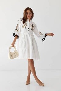 Жіноче плаття вишиванка біла бавовна вільна з пишною спідницею укорочені рукави розмір 42-52