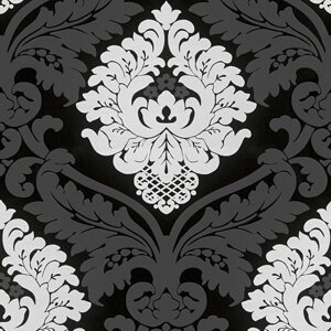 Чорно-білі шпалери бароко 5543-14 великий об'ємний візерунок, рельєфний орнамент, опуклий гобелен вензель, вставка панно