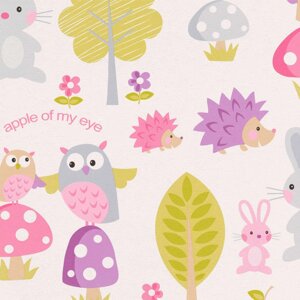Дитячі паперові німецькі шпалери 93555-1, для дівчинки, рожеві та фіолетові мультики, лісові їжачки зайці та сови