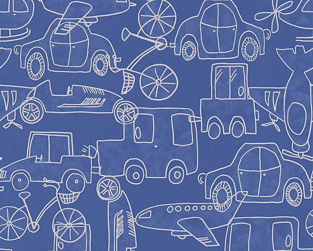 Дитячі паперові шпалери 30449-1, з іграшковими машинками та літачками, насиченого синього кольору, з фактурною поверхнею від компанії Інтернет-магазин шпалер kupit-oboi. com. ua - фото 1