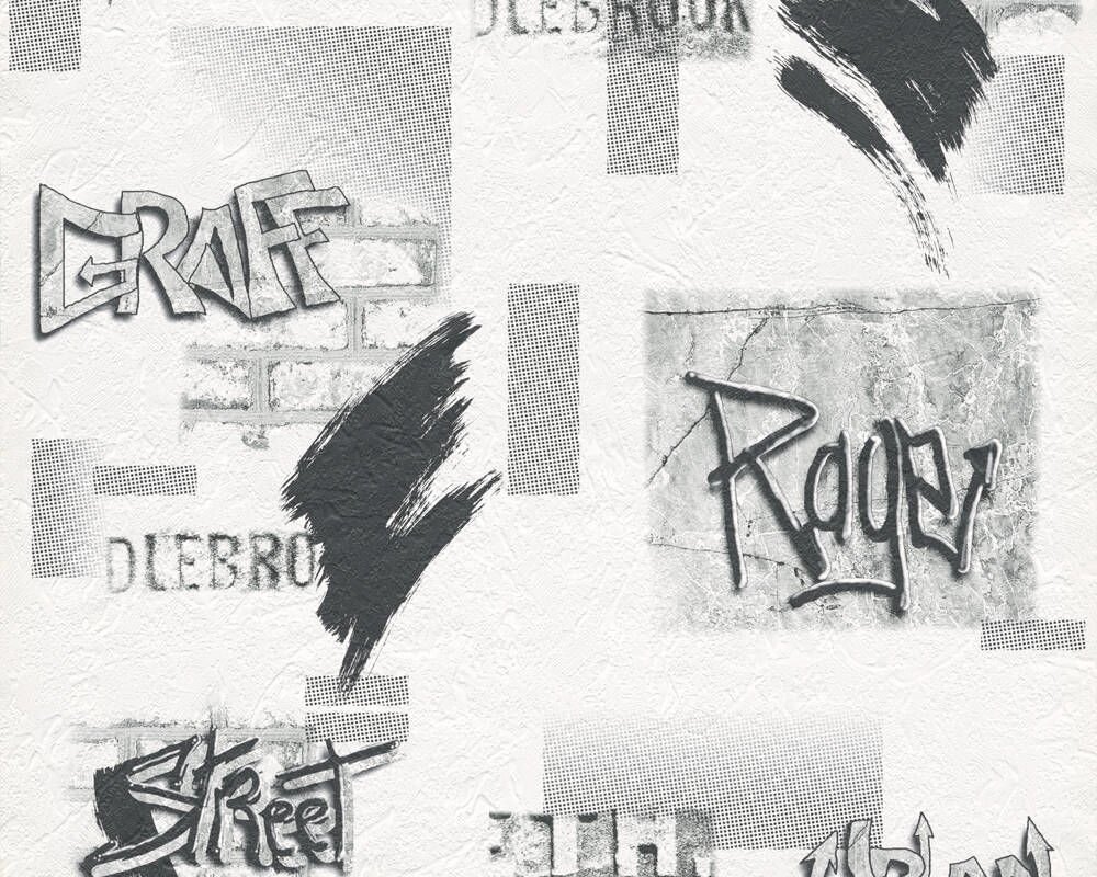 Екологічні паперові шпалери, дитячий лофт 7372-12, з чорними та білими написами графіті, графіка на білій бетонній стіні від компанії Інтернет-магазин шпалер "Німецький Дім" - фото 1